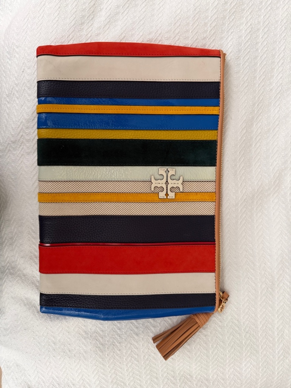 Tory Burch Multicolor Striped Leather Zip Clutch with Tassel